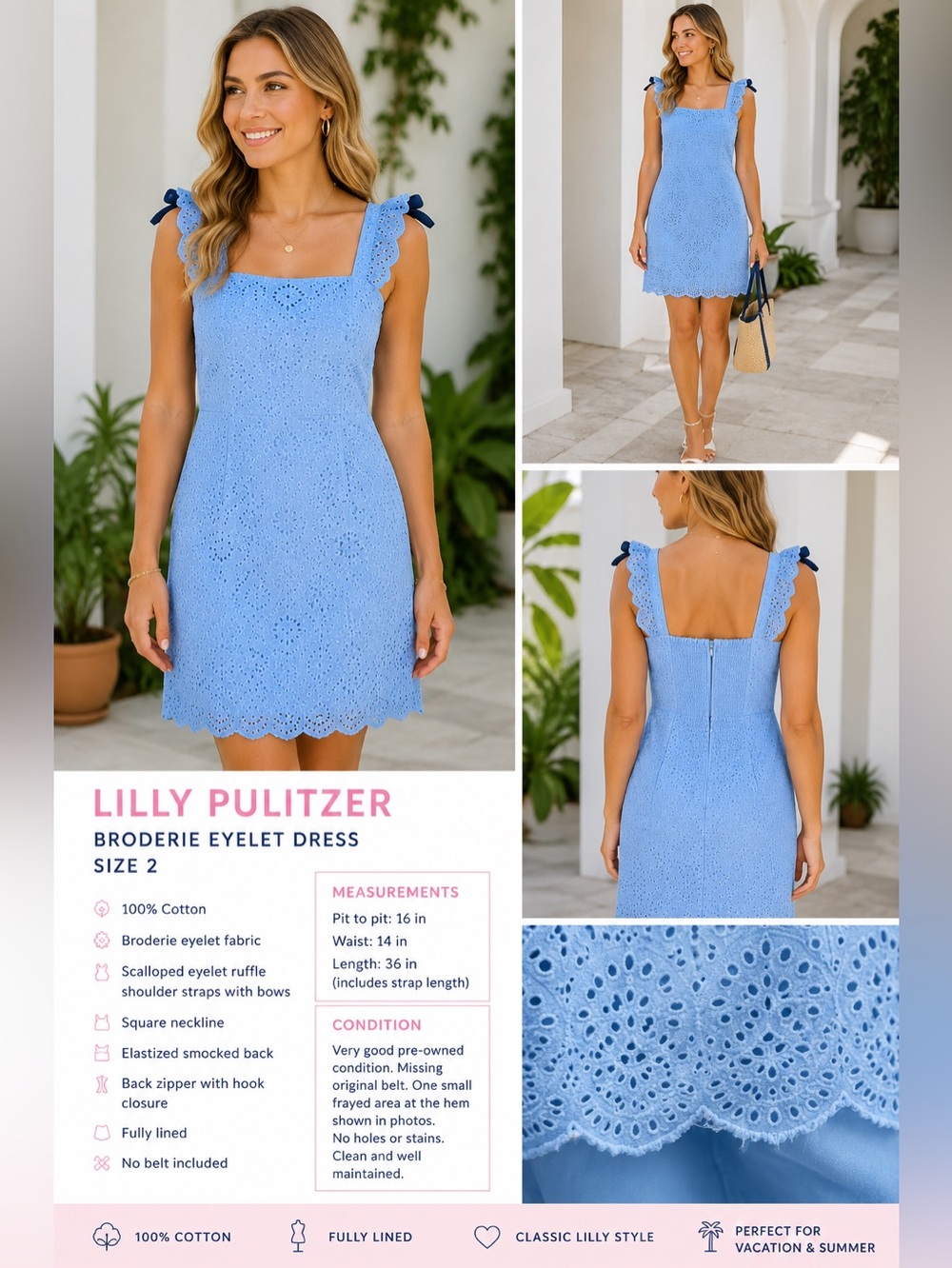 Lilly Pulitzer Powder Blue Broderie Eyelet Dress Size 2 100% Cotton